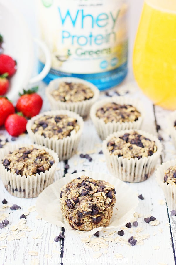 Oatmeal Chocolate Chip Protein Muffins -- Oatmeal chocolate chip protein muffins are so yummy, it's hard to believe they're good for you. Bake them and then freeze them for a healthy meal on the go! | halfscratched.com