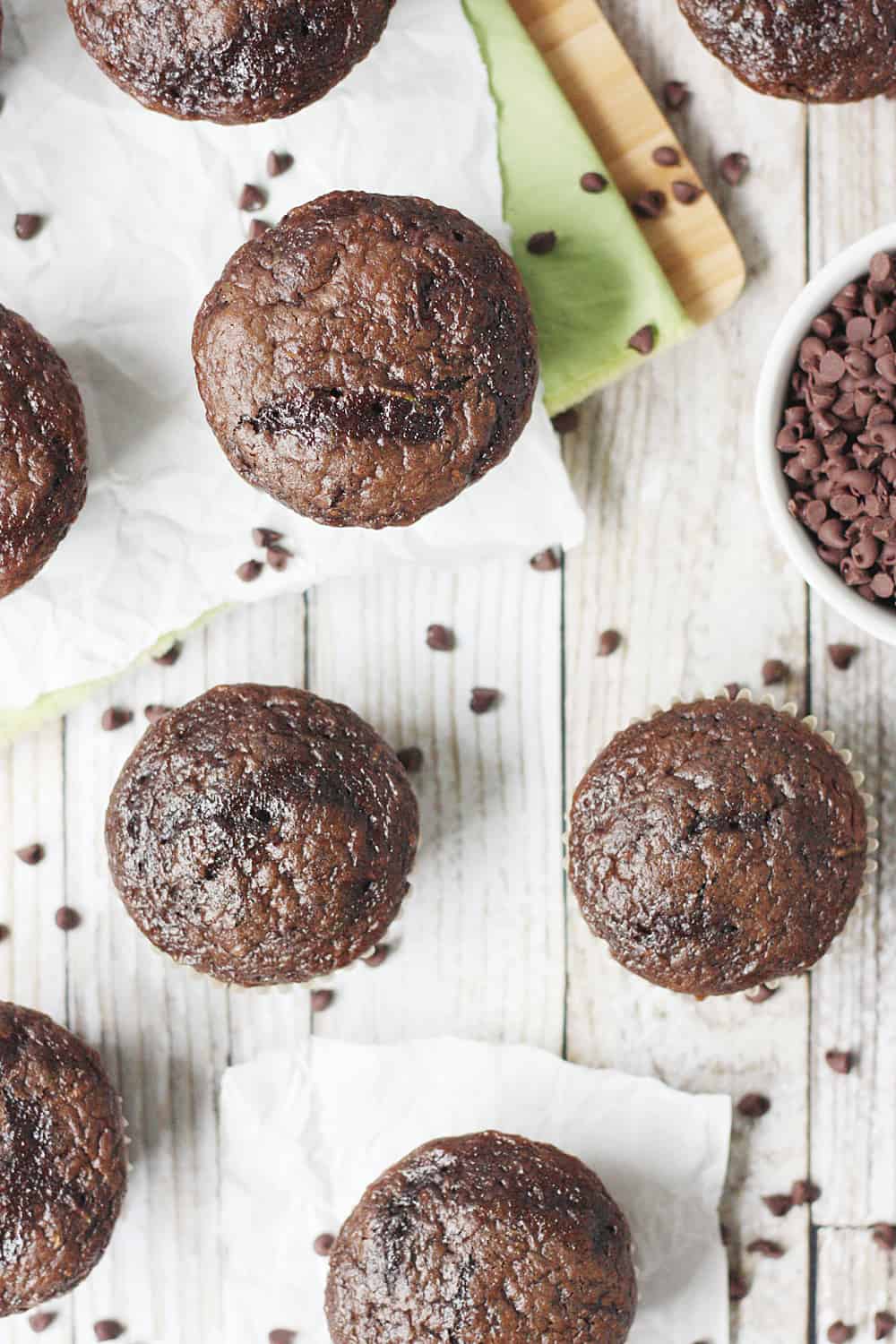 EASY Double Chocolate Zucchini Muffins from the top.
