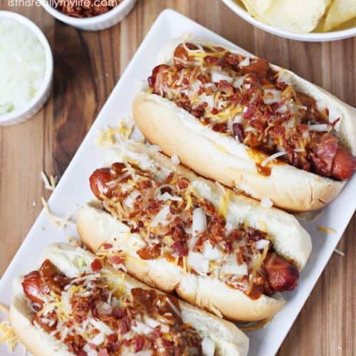 Double Bacon Chili Cheese Dogs - Half-Scratched