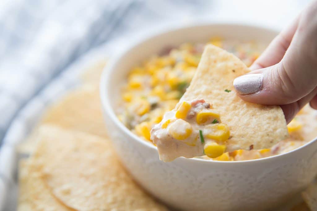 Slow Cooker Cheesy Hot Corn Dip Half Scratched