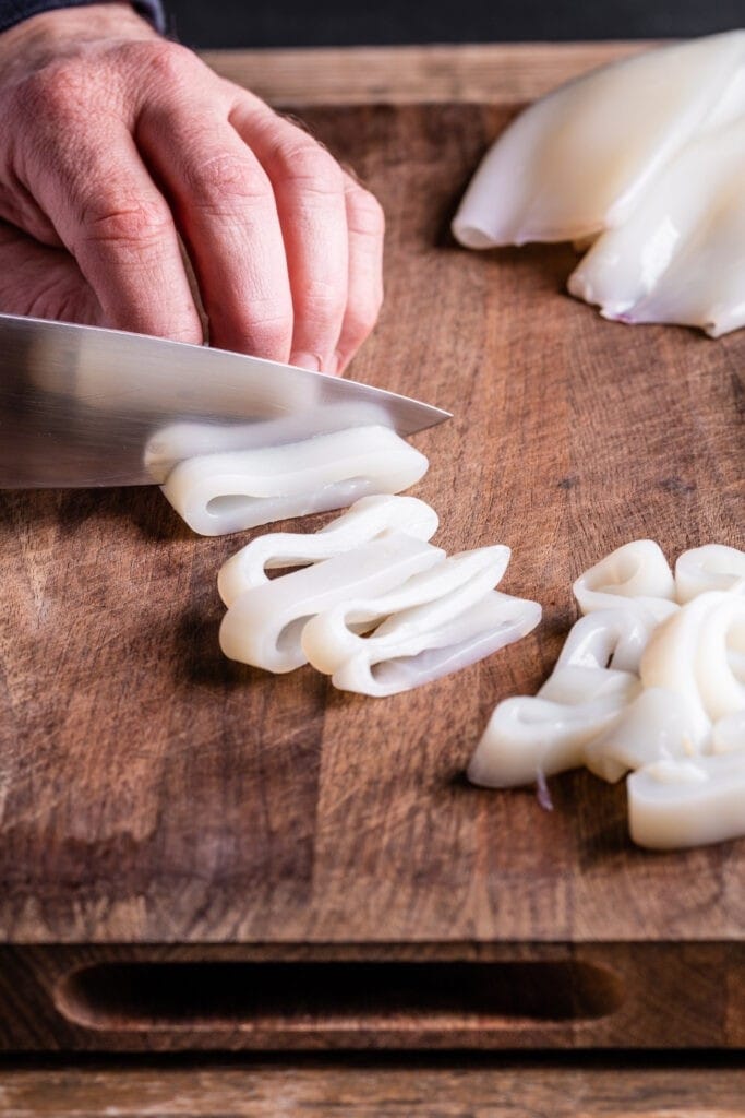 Slicing Frozen Calamari After Thawing