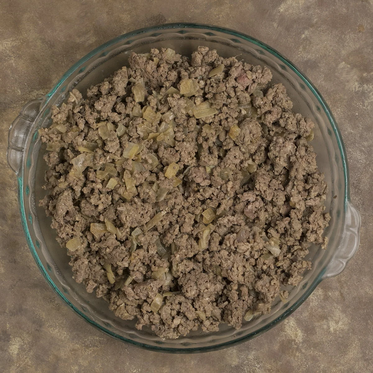 Ground beef mixture in baking dish