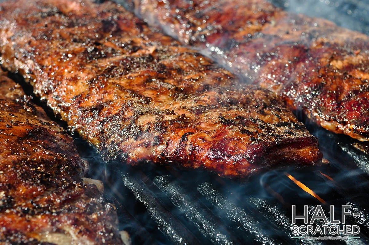 Close up of ribs in smoker