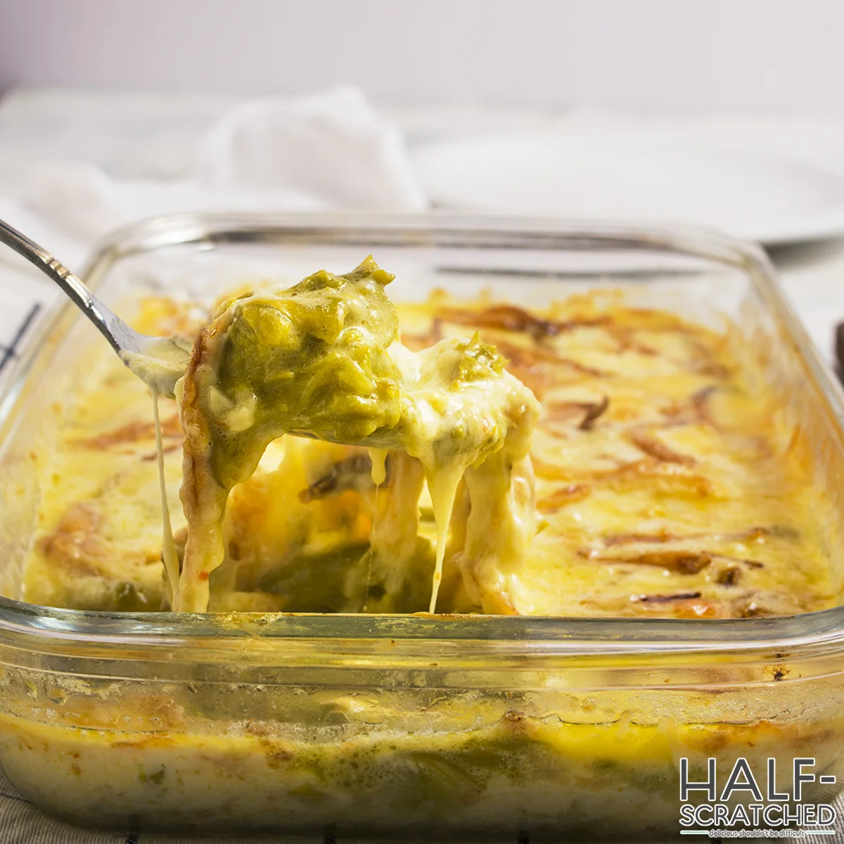 A spoon with baked asparagus casserole