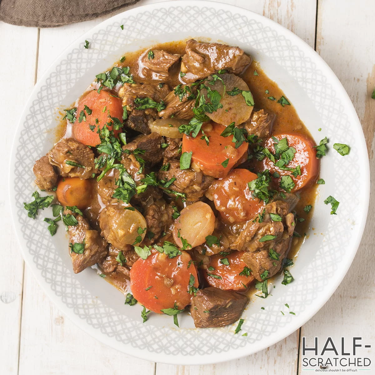 A plate with beef stew