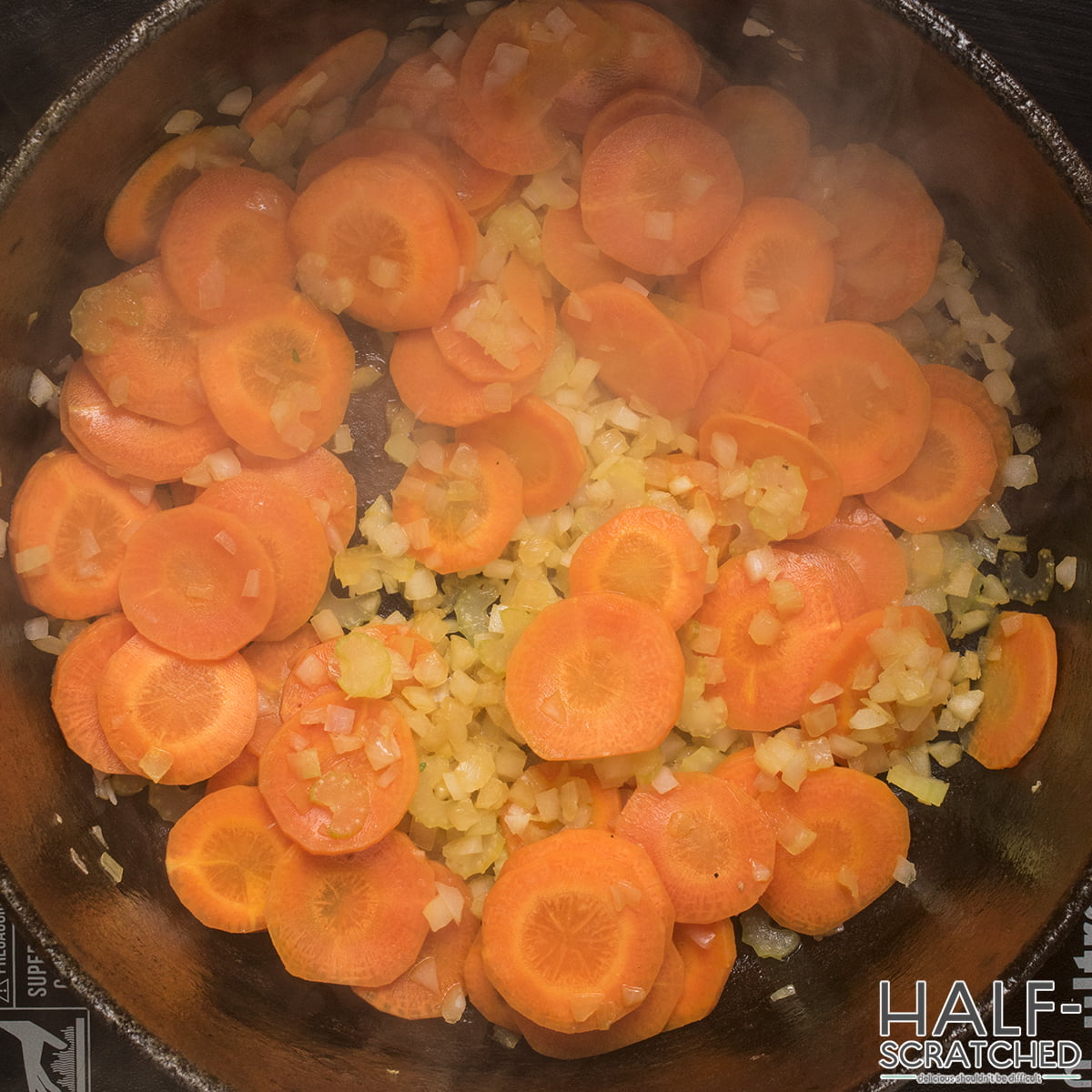 Sautéing carrots and onions for the soup