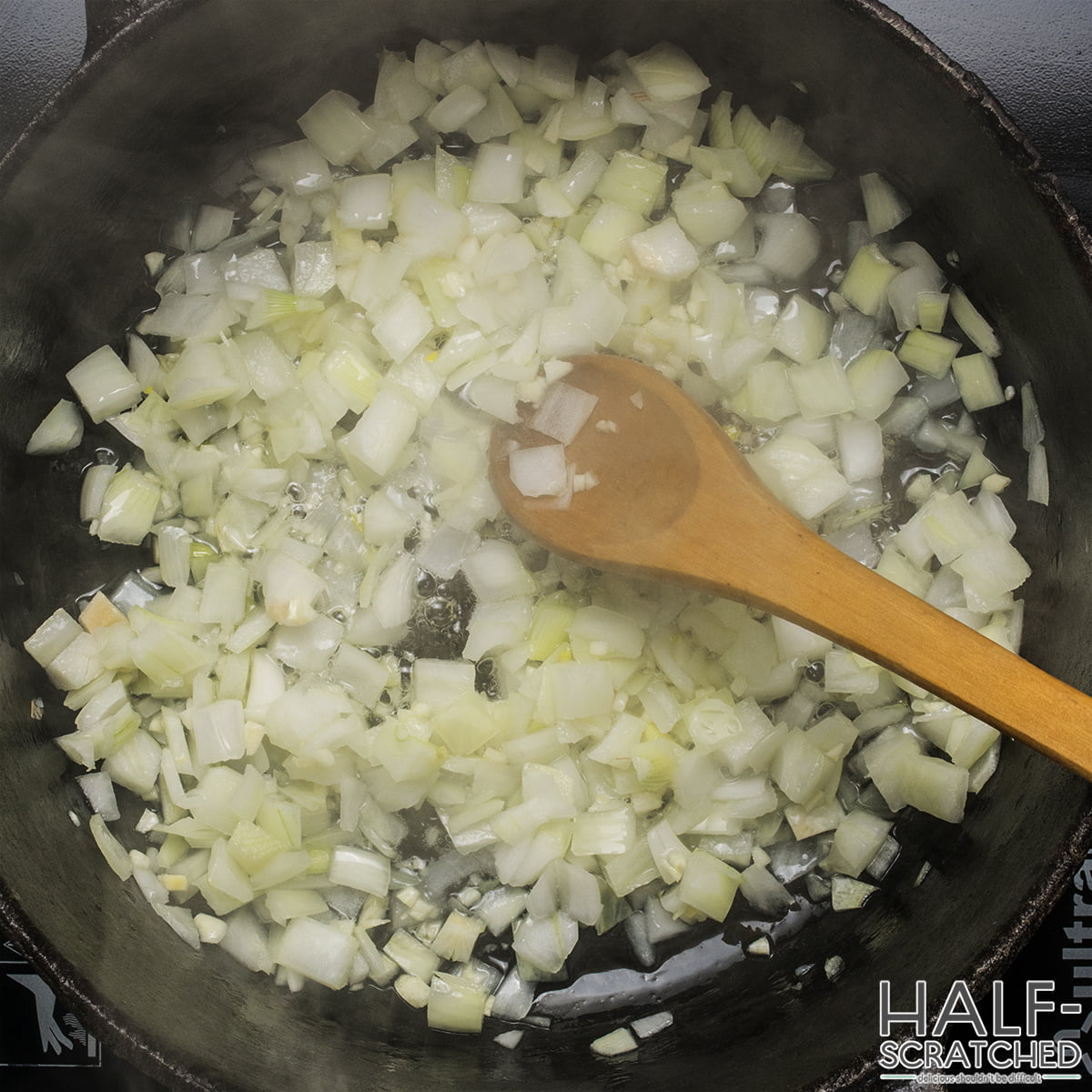 Sautéing onions in a pot for taco soup