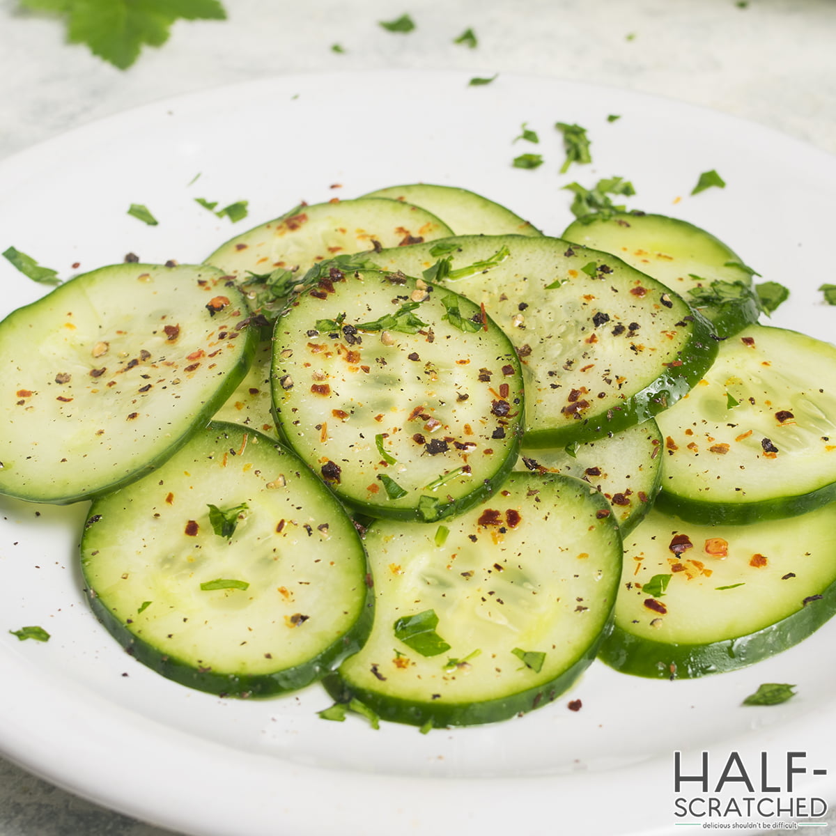 lose-up view of seasoned cucumber slices