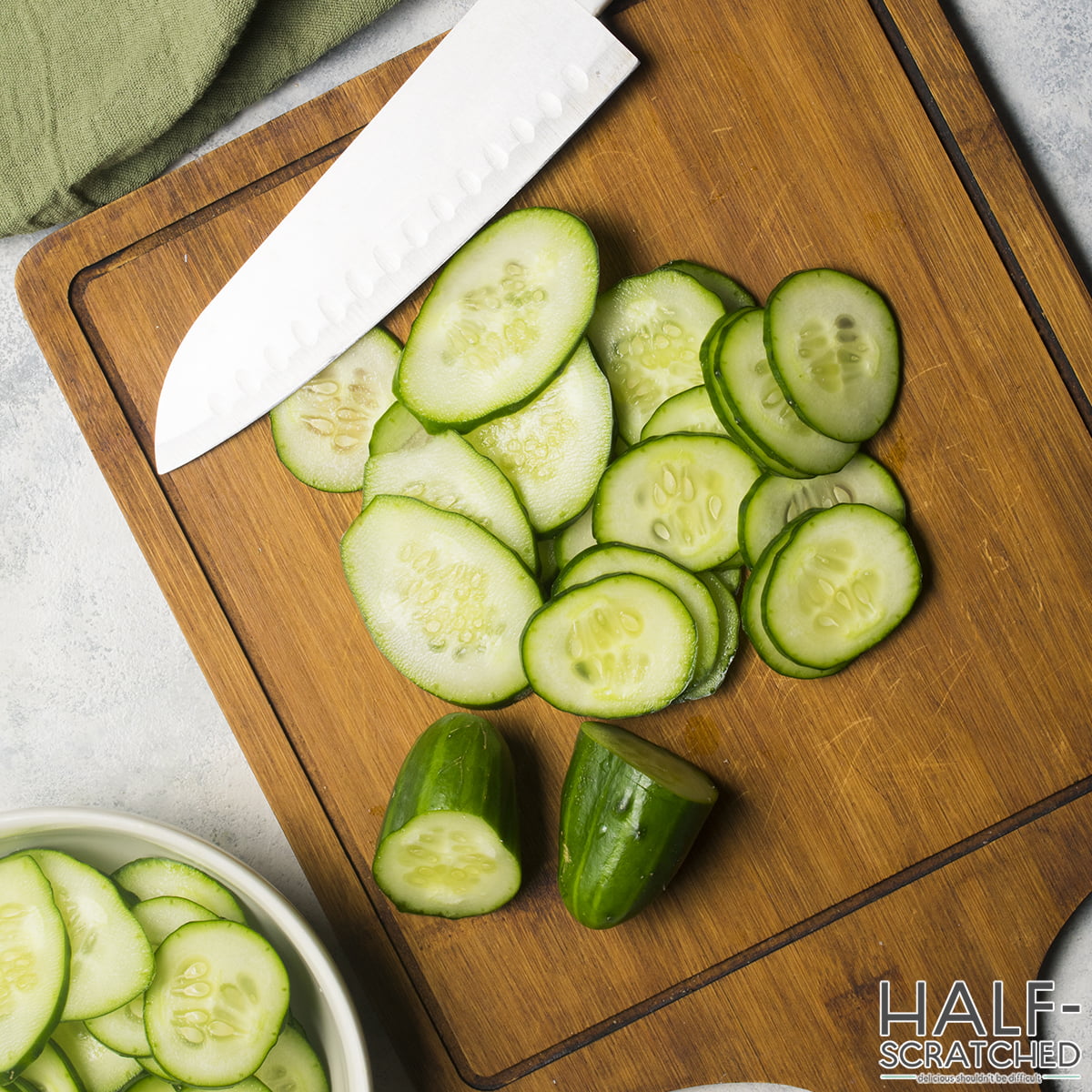 Sliced cucumbers on a cutting board